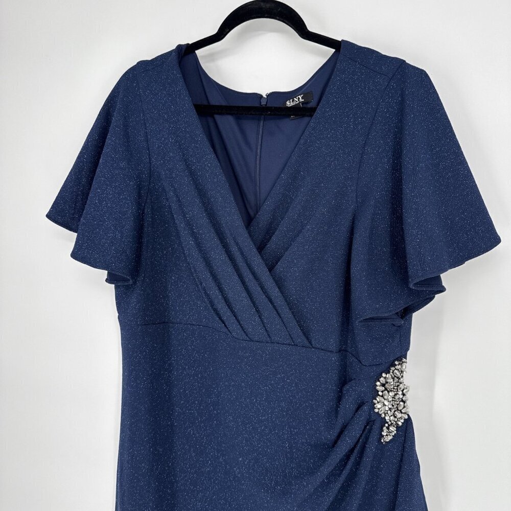 SLNY Womens Plus Size 18W Navy Blue Glitter Beaded Flutter Sleeve Cocktail Dress - Picture 4 of 11